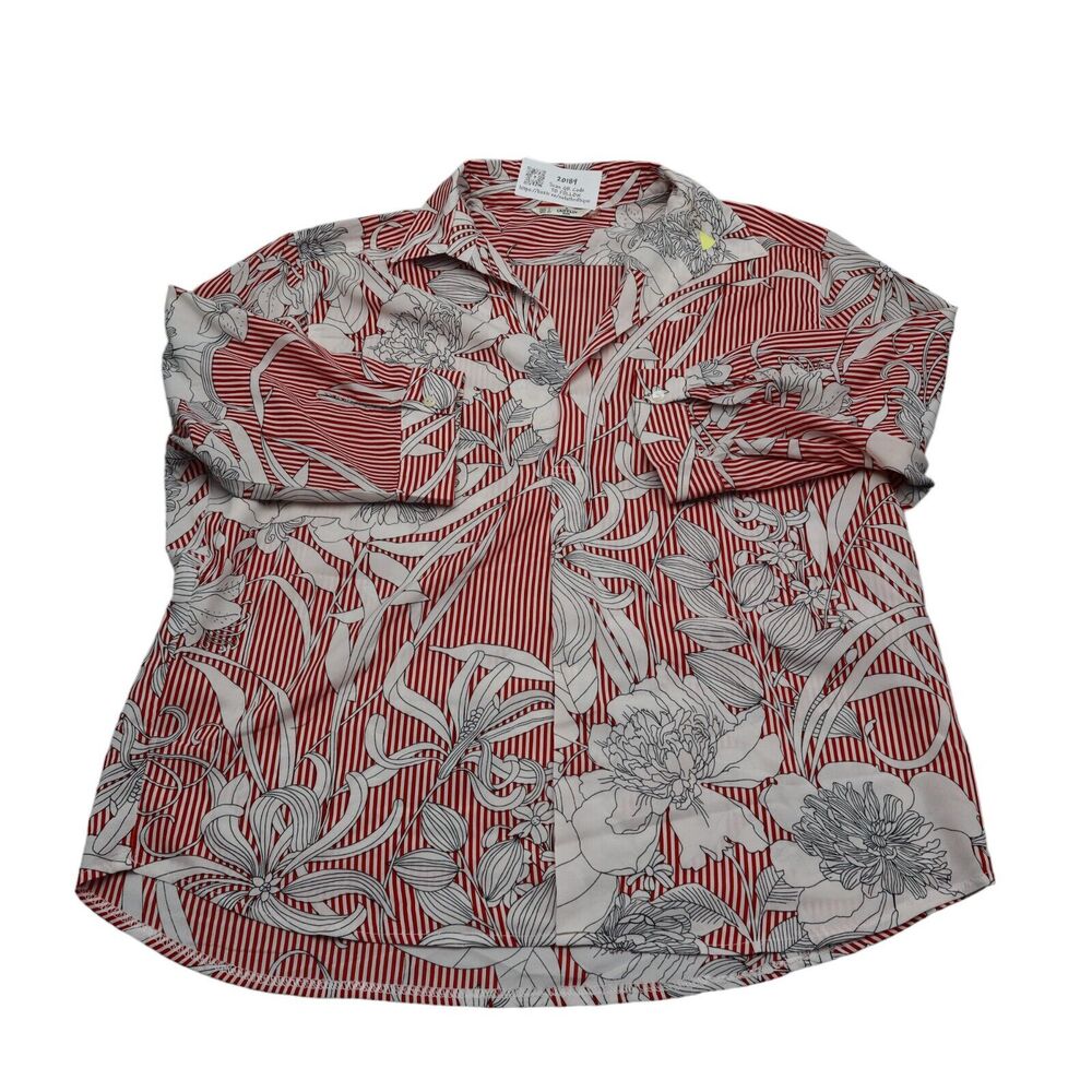 Grifflin Paris Shirt Womens L Red Floral Striped Button Front Blouse Casual